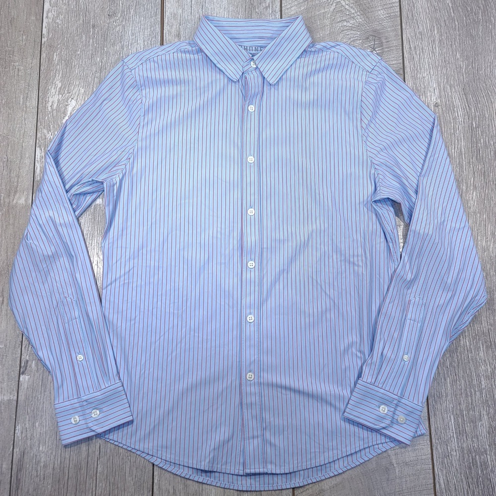 Rhone Button Shirt Mens Size Medium Blue Red Striped Commuter Slim Fit 101703